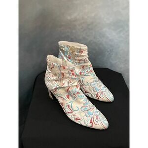 Floral Jacquard Ankle Boots Pointed Toe Kitten Heel Womens Size 9M Party